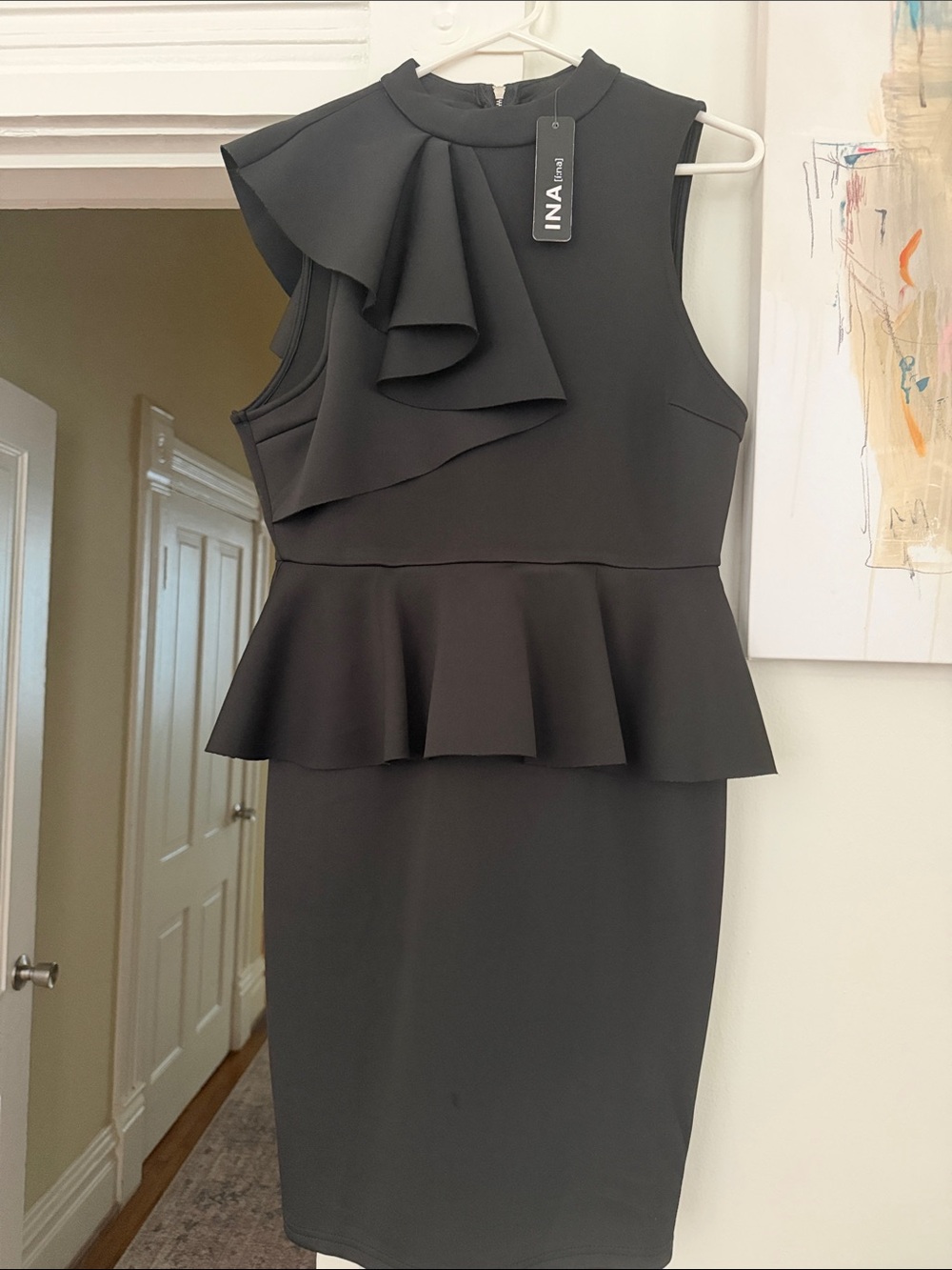 INA Black One-Shoulder Ruffle Peplum Sheath Dress